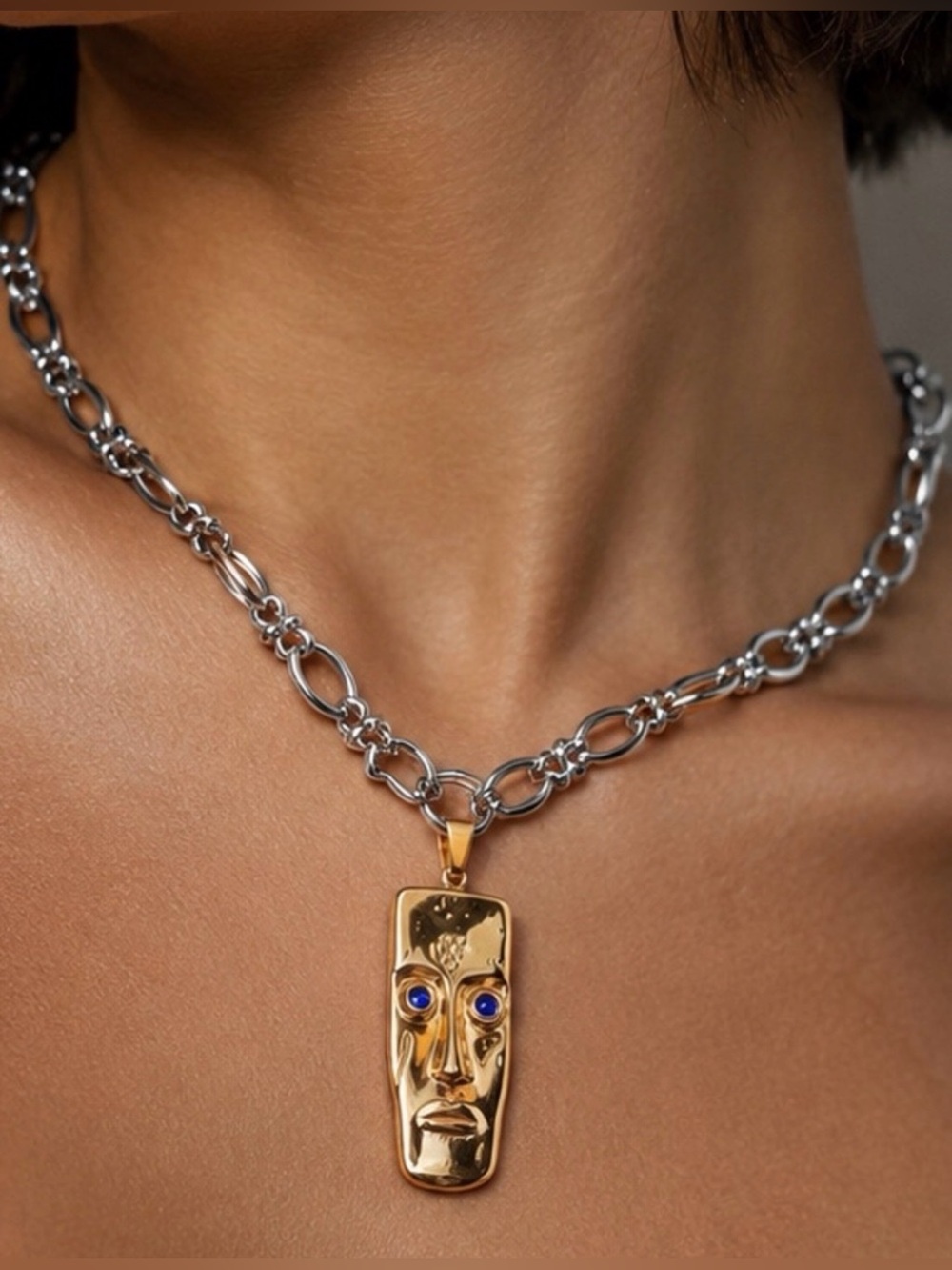 Gold Face Pendant Necklace with Silver Chain